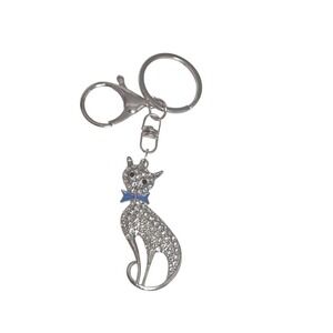 Rhinestone‎ Cat Keychain Purse Charm, Cute Kitty Keyring, Blue Bow Gift, Silver